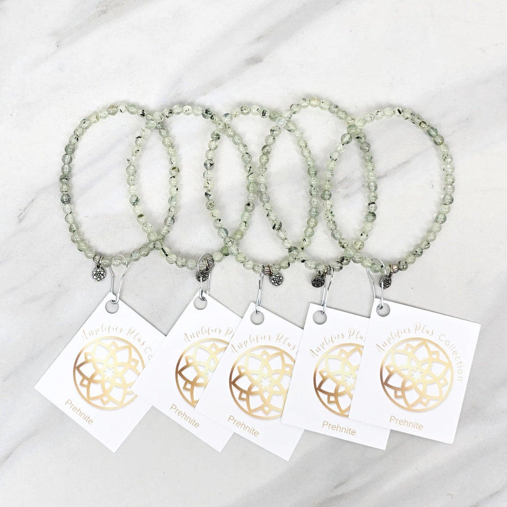 Three beaded bracelets on white cards with 'Prehnite' and 'Bestie Bundles' text on a marble background. valentines gifts galentines day