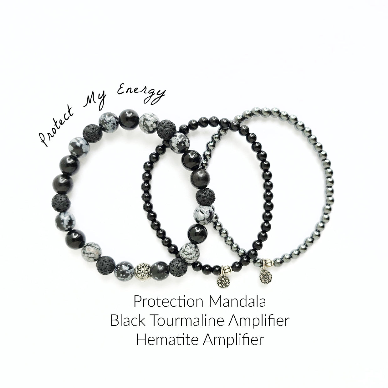 Set of black beaded bracelets with text on a white background