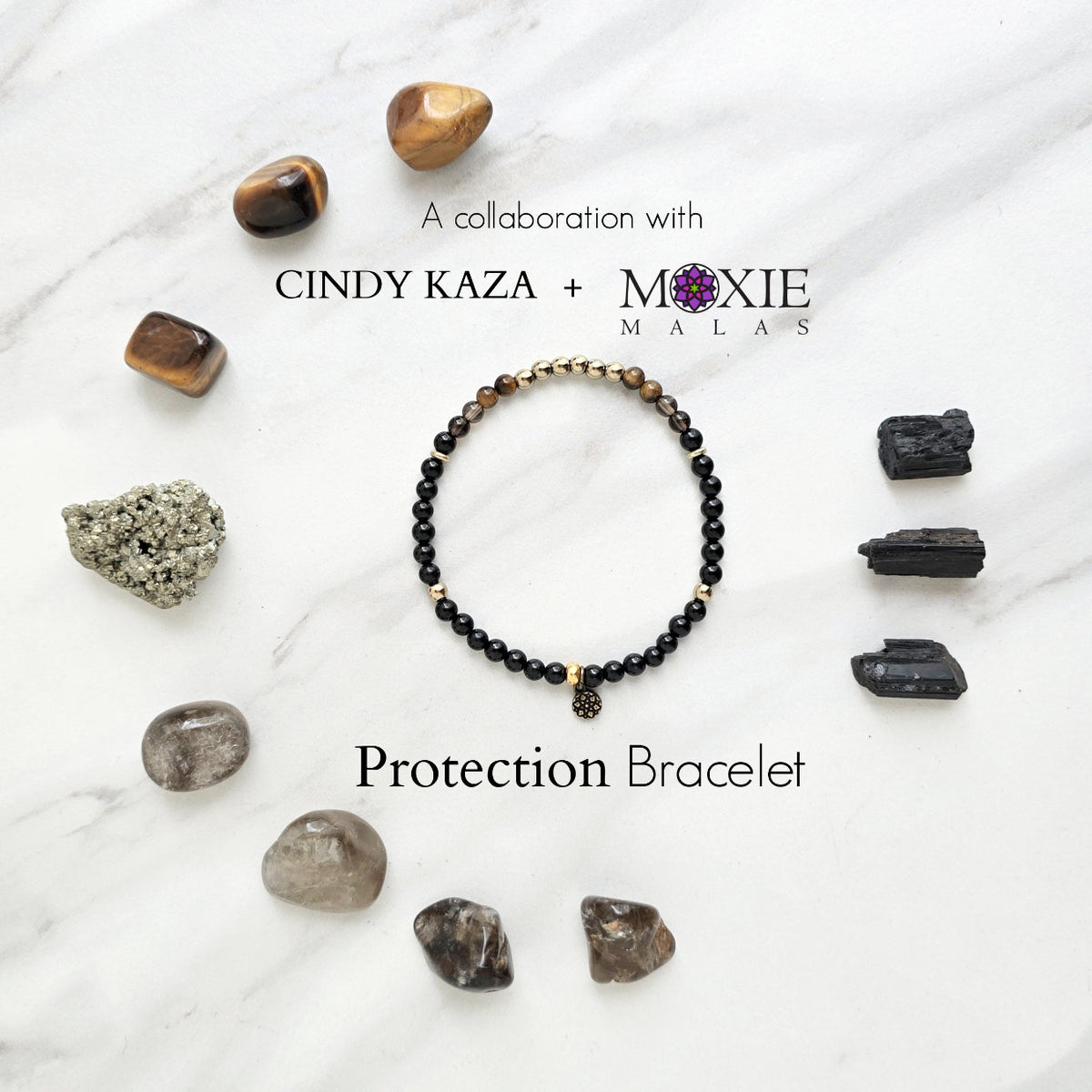 Cindy Kaza and Moxie Malas collabration protection bracelet black tourmaline tiger eye pyrite