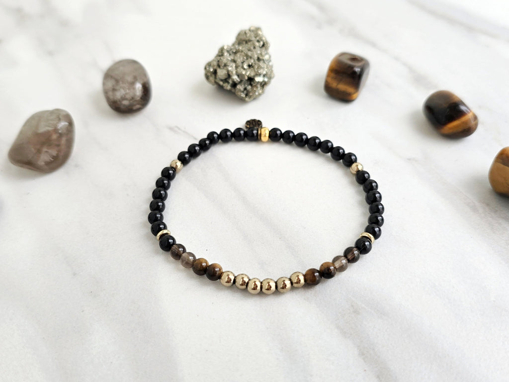 Cindy Kaza and Moxie Malas collabration protection bracelet black tourmaline tiger eye pyrite