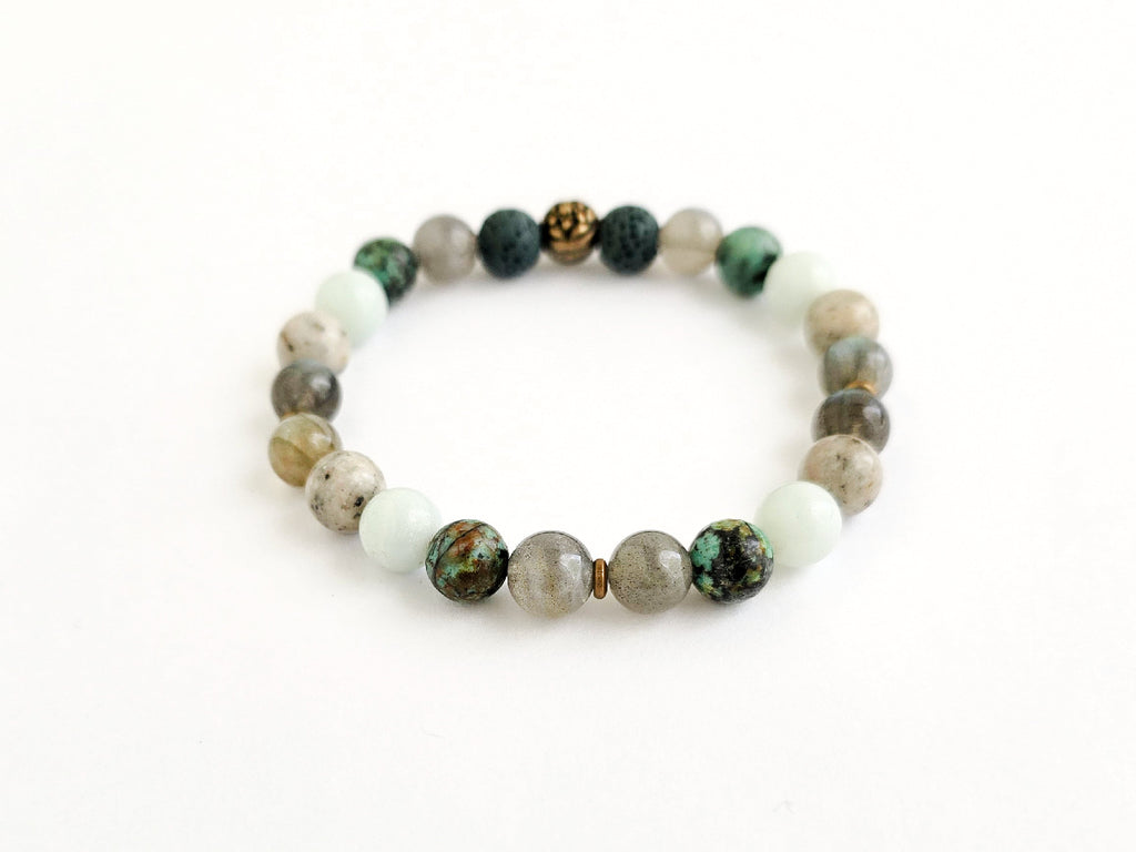 Beaded bracelet with 'purpose' text on a white background