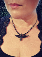 raven talisman necklace pyrite obsidian silver leaf jasper