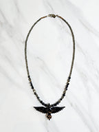 raven talisman necklace pyrite obsidian silver leaf jasper