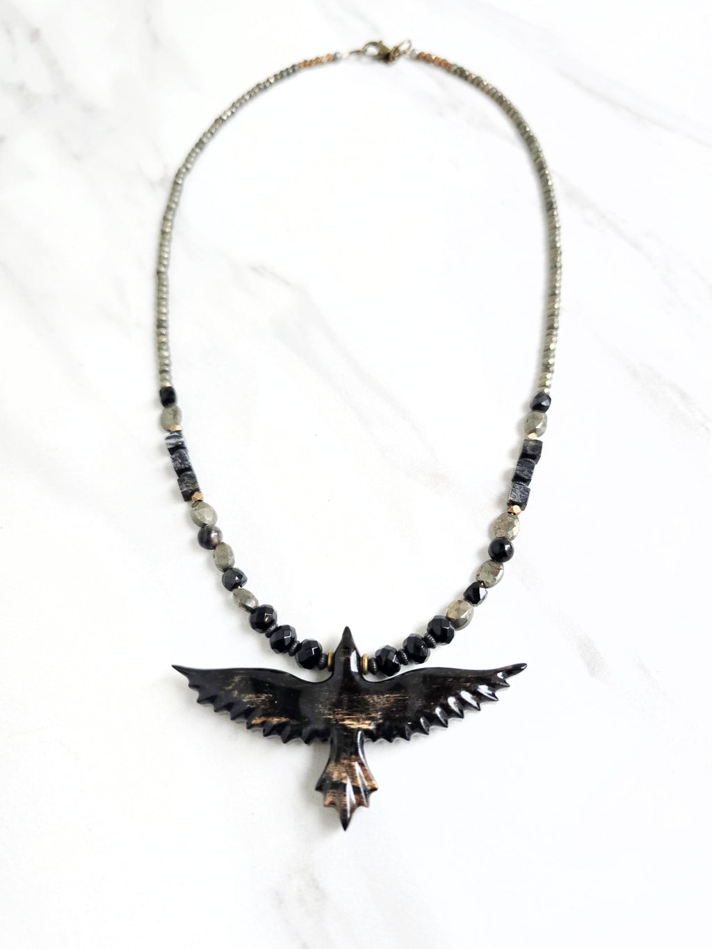 raven talisman necklace pyrite obsidian silver leaf jasper