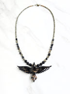raven talisman necklace pyrite obsidian silver leaf jasper