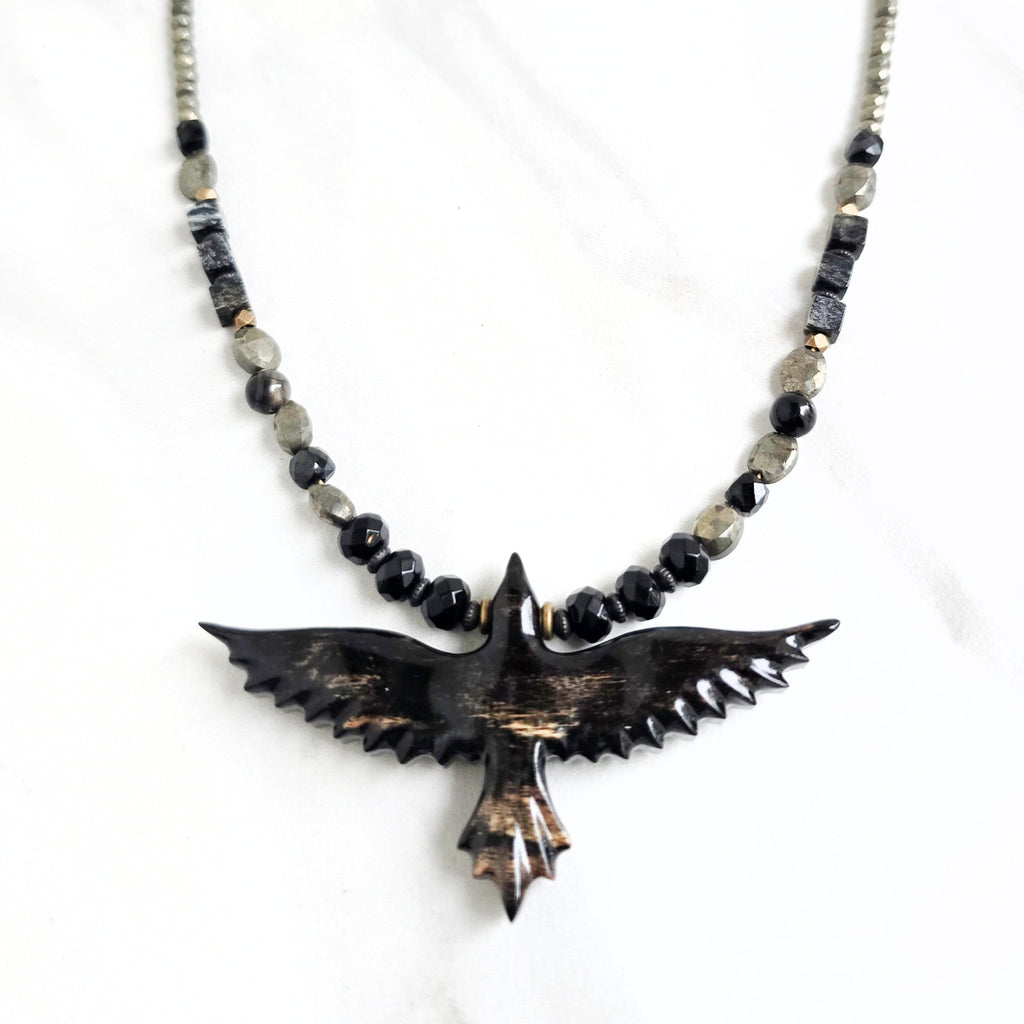raven talisman necklace pyrite obsidian silver leaf jasper