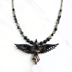 raven talisman necklace pyrite obsidian silver leaf jasper