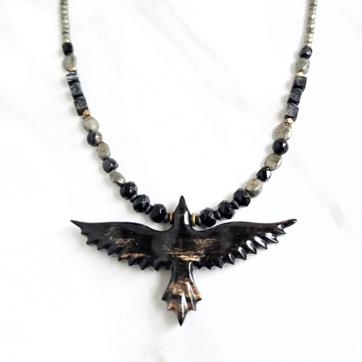 raven talisman necklace pyrite obsidian silver leaf jasper