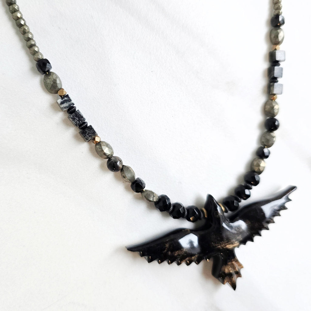 raven talisman necklace pyrite obsidian silver leaf jasper