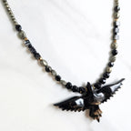 raven talisman necklace pyrite obsidian silver leaf jasper
