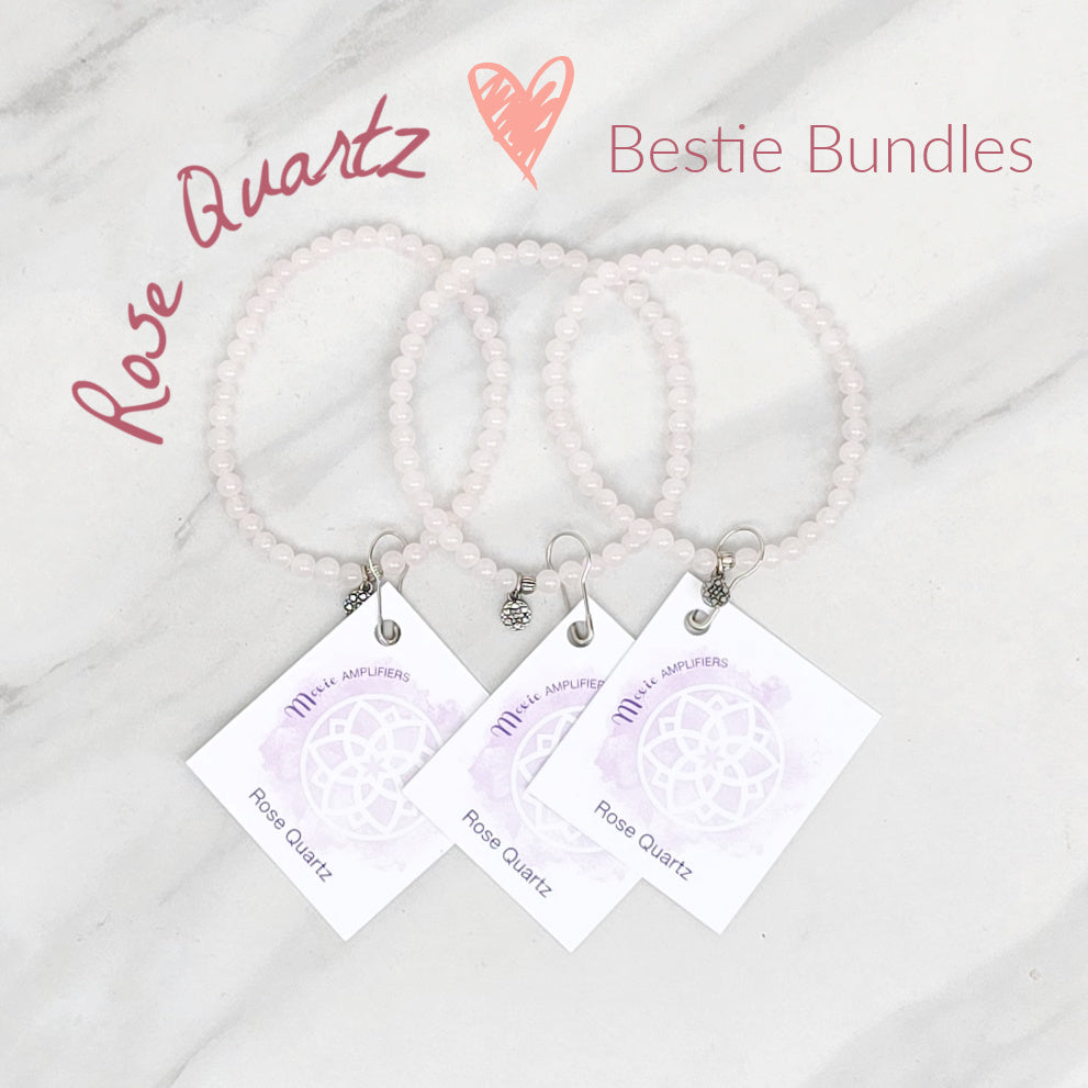 rose quartz bracelets with matching cards on a marble surface, branded 'Rose Quartz Bestie Bundles'. valentine gift galentines day