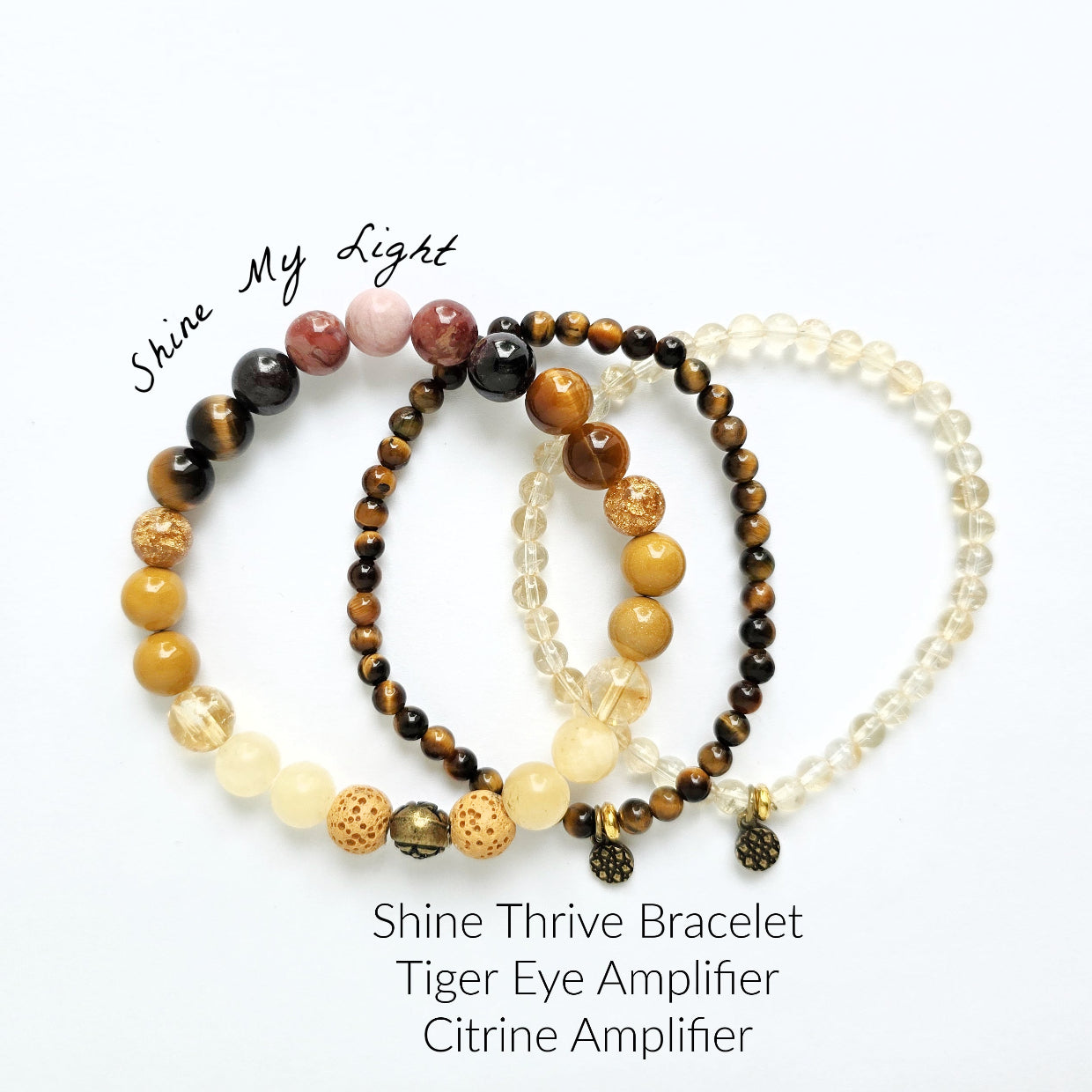 Set of beaded bracelets with different colored stones on a white background, labeled 'Shine My Light'.