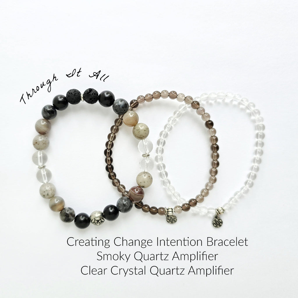 Three beaded bracelets on a white background with text describing their purpose.