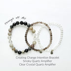 Three beaded bracelets on a white background with text describing their purpose.