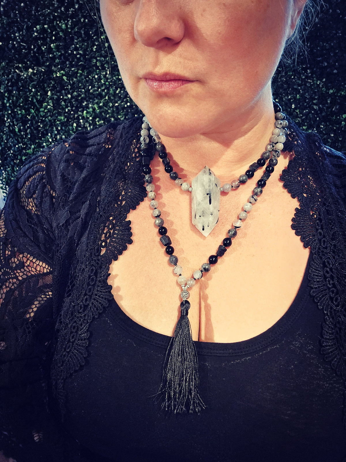 tourmalated quartz and black tourmaline meditation beads mala