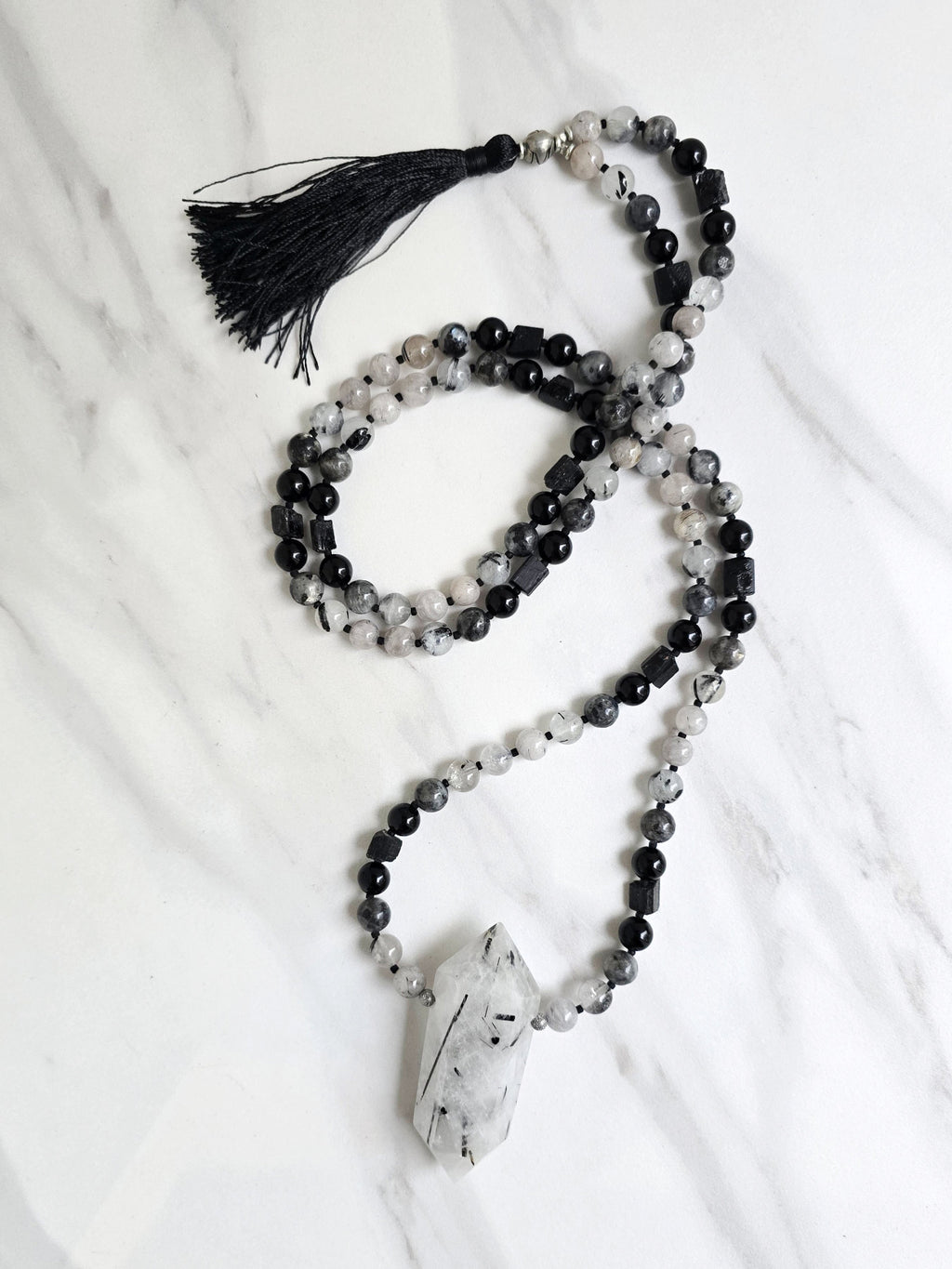 tourmalated quartz and black tourmaline meditation beads mala