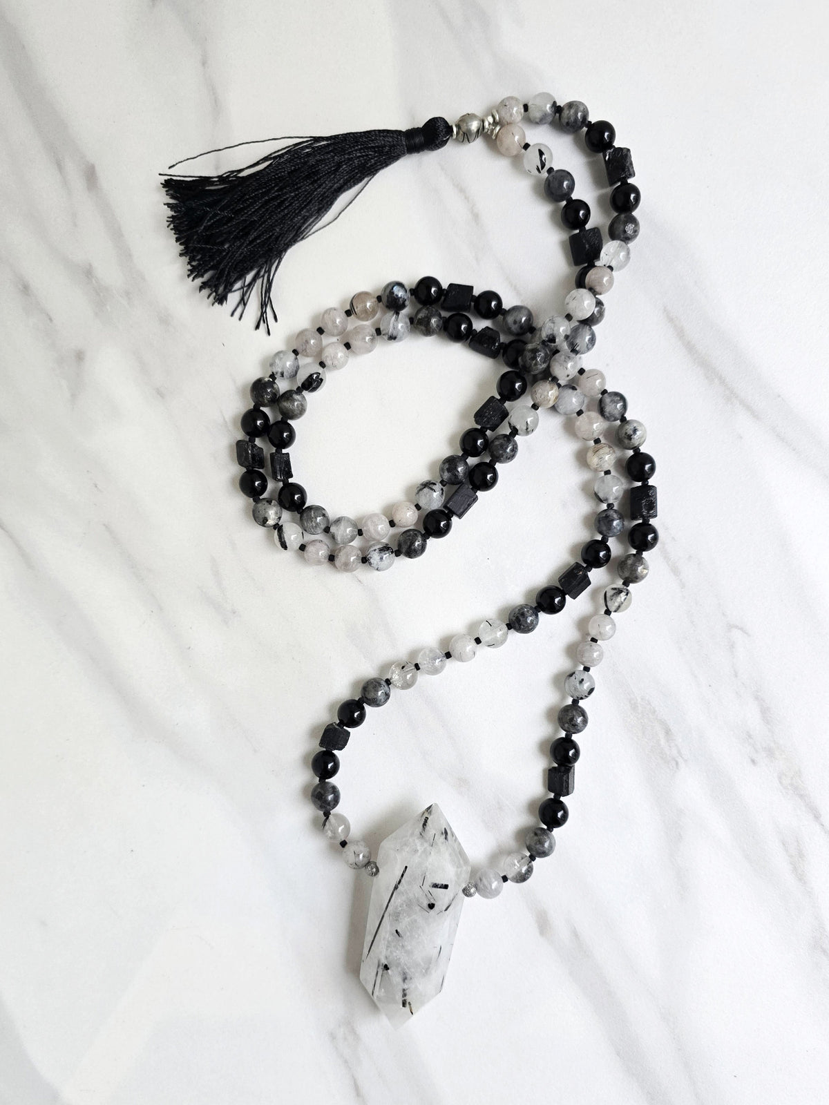 tourmalated quartz and black tourmaline meditation beads mala