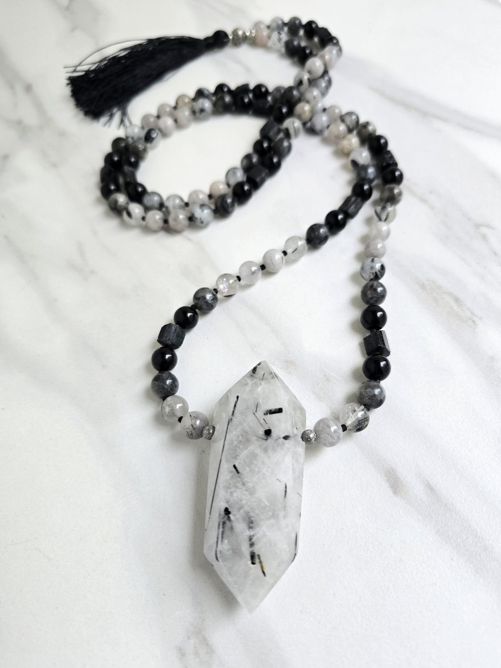 tourmalated quartz and black tourmaline meditation beads mala