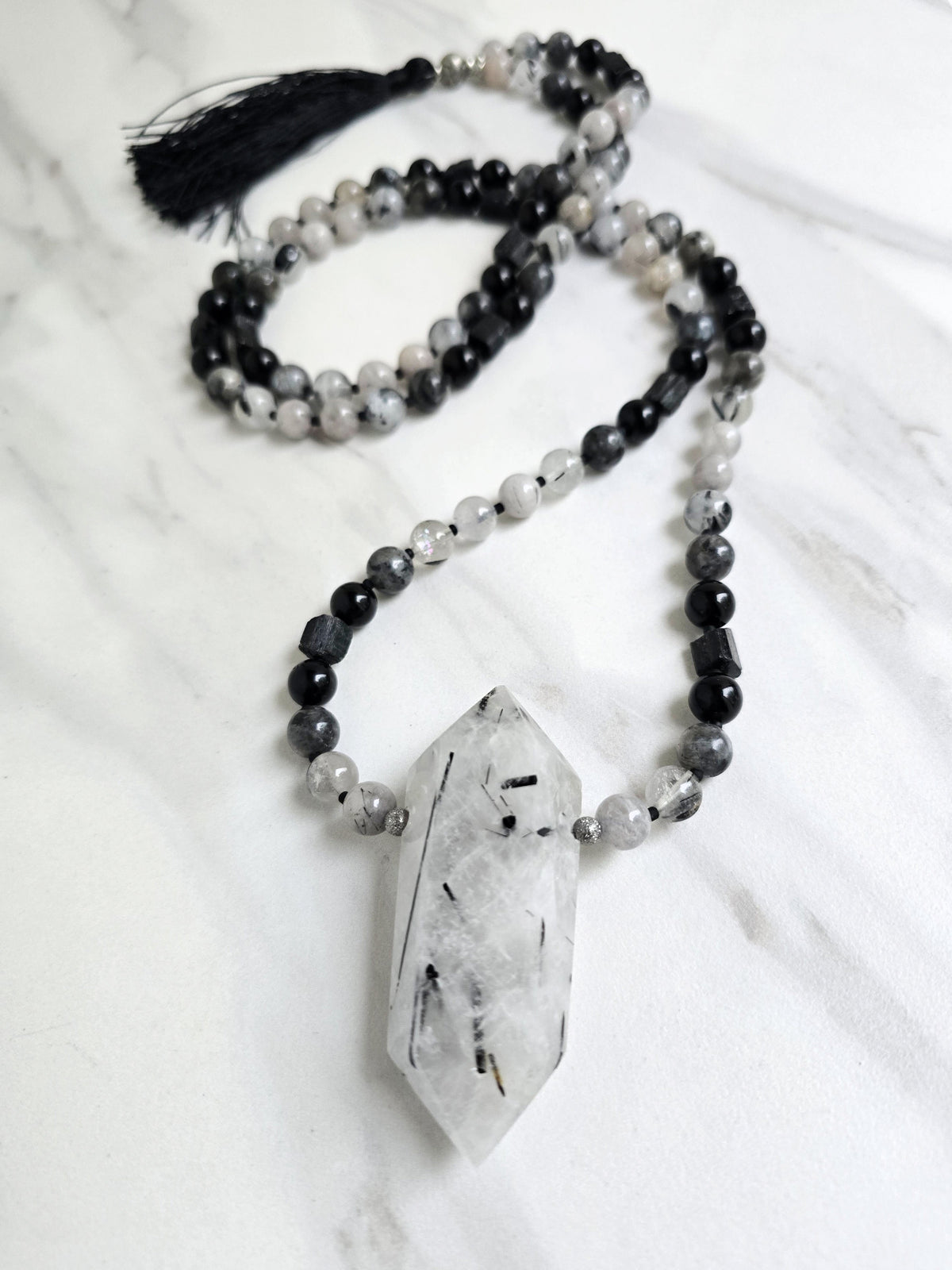 tourmalated quartz and black tourmaline meditation beads mala