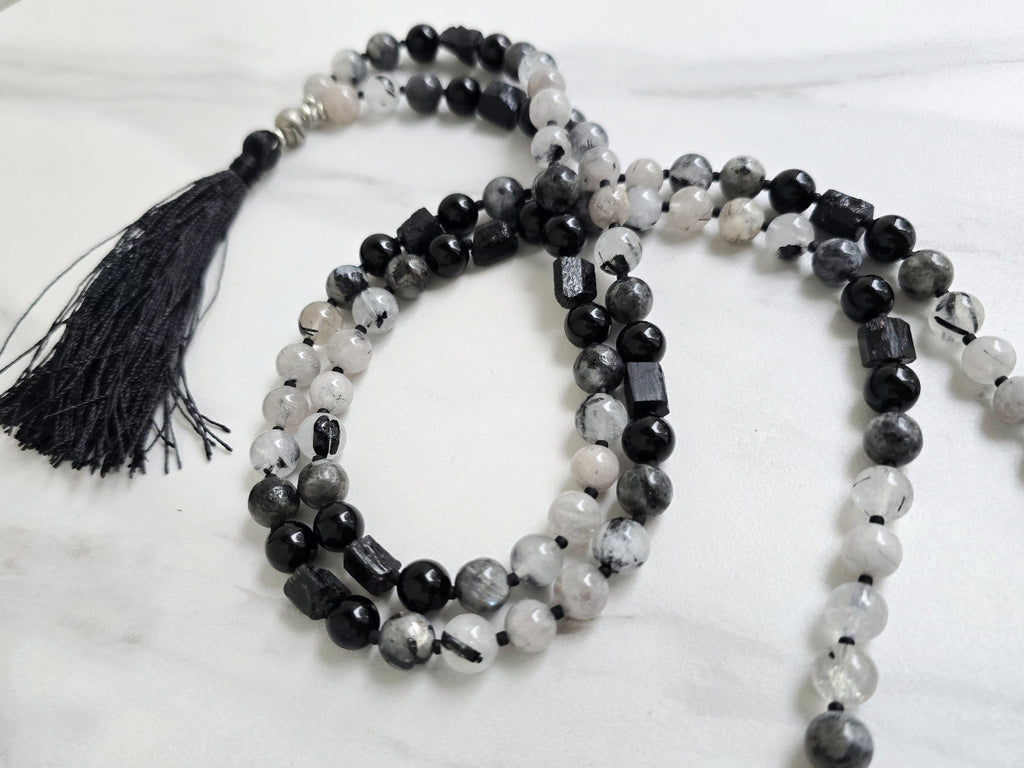 tourmalated quartz and black tourmaline meditation beads mala