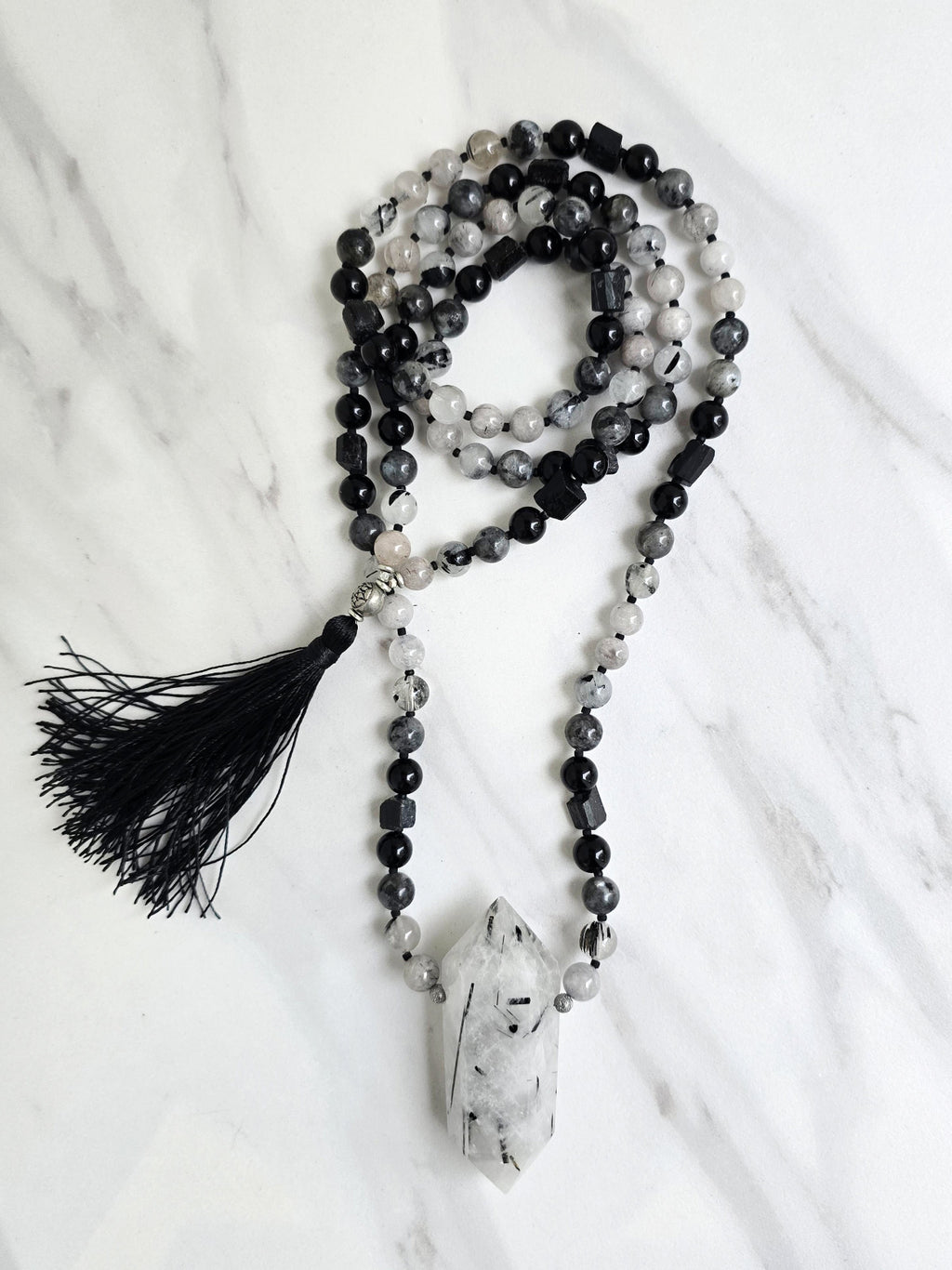 tourmalated quartz and black tourmaline meditation beads mala
