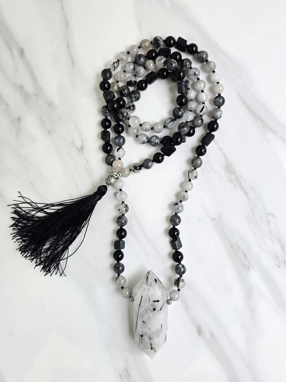 tourmalated quartz and black tourmaline meditation beads mala