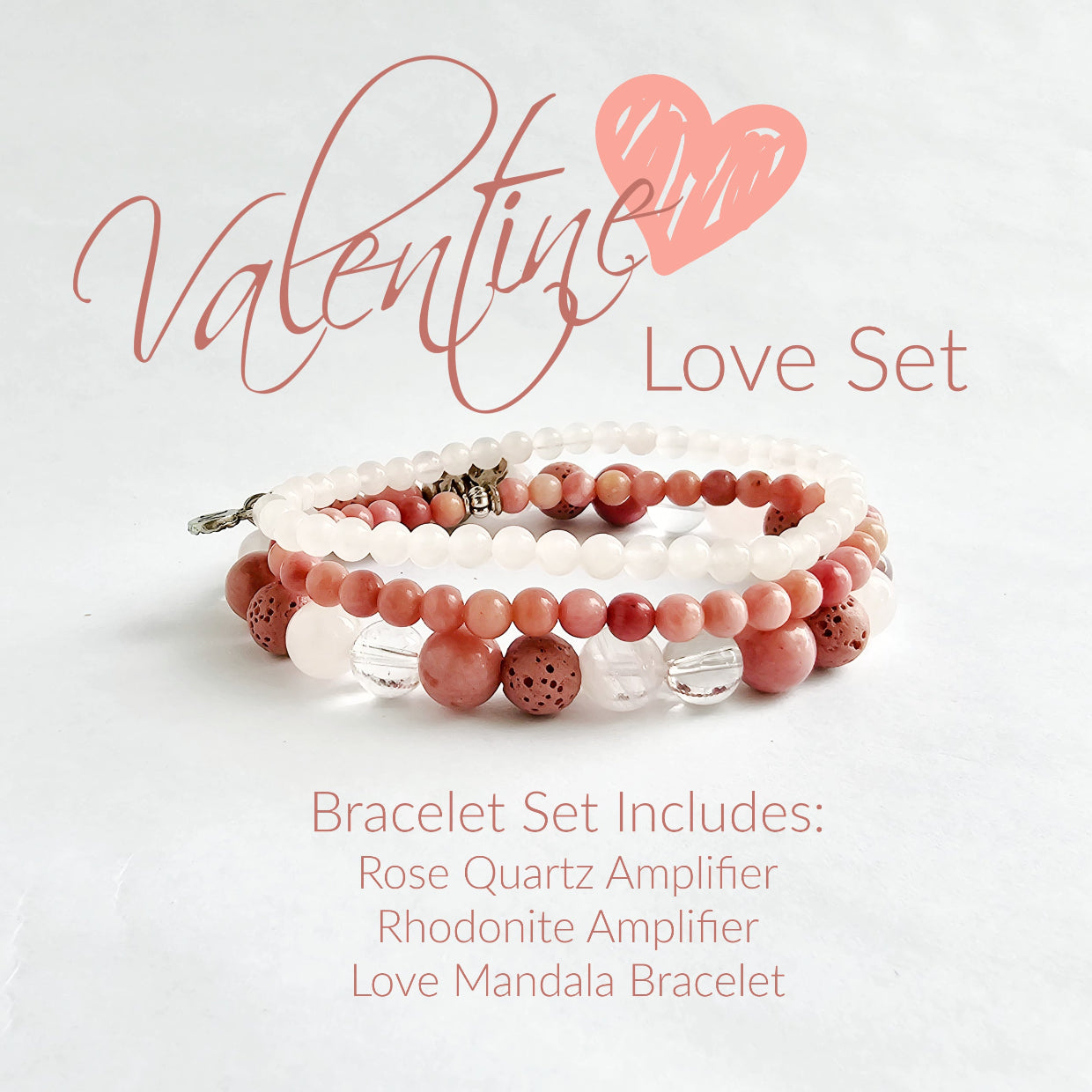 love valentine bracelet set pink rose quartz and rhodonite 3 bracelets