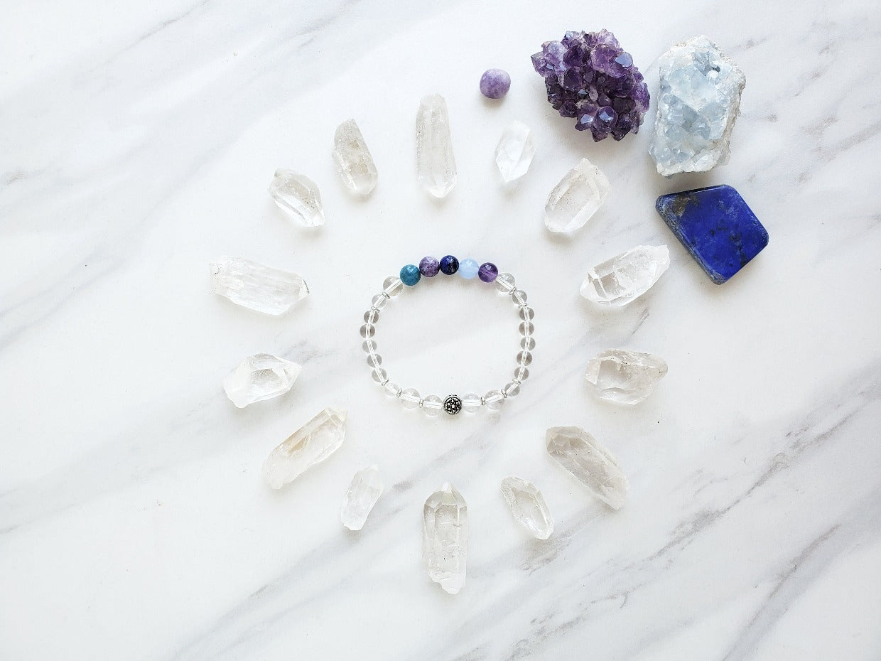 archangel zadkiel purple blue and crystal quartz moxie malas bracelet