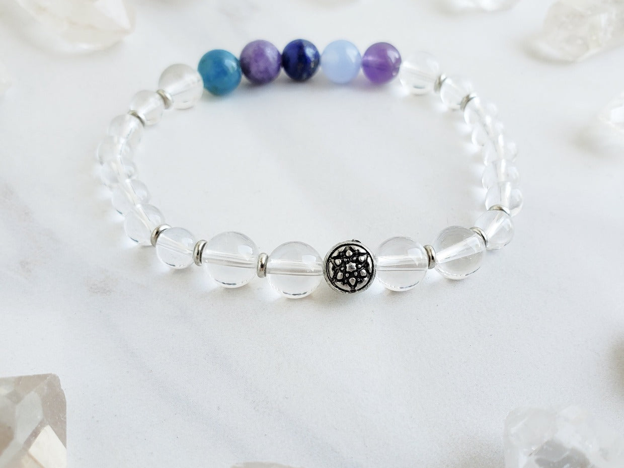 archangel zadkiel purple blue and crystal quartz moxie malas bracelet