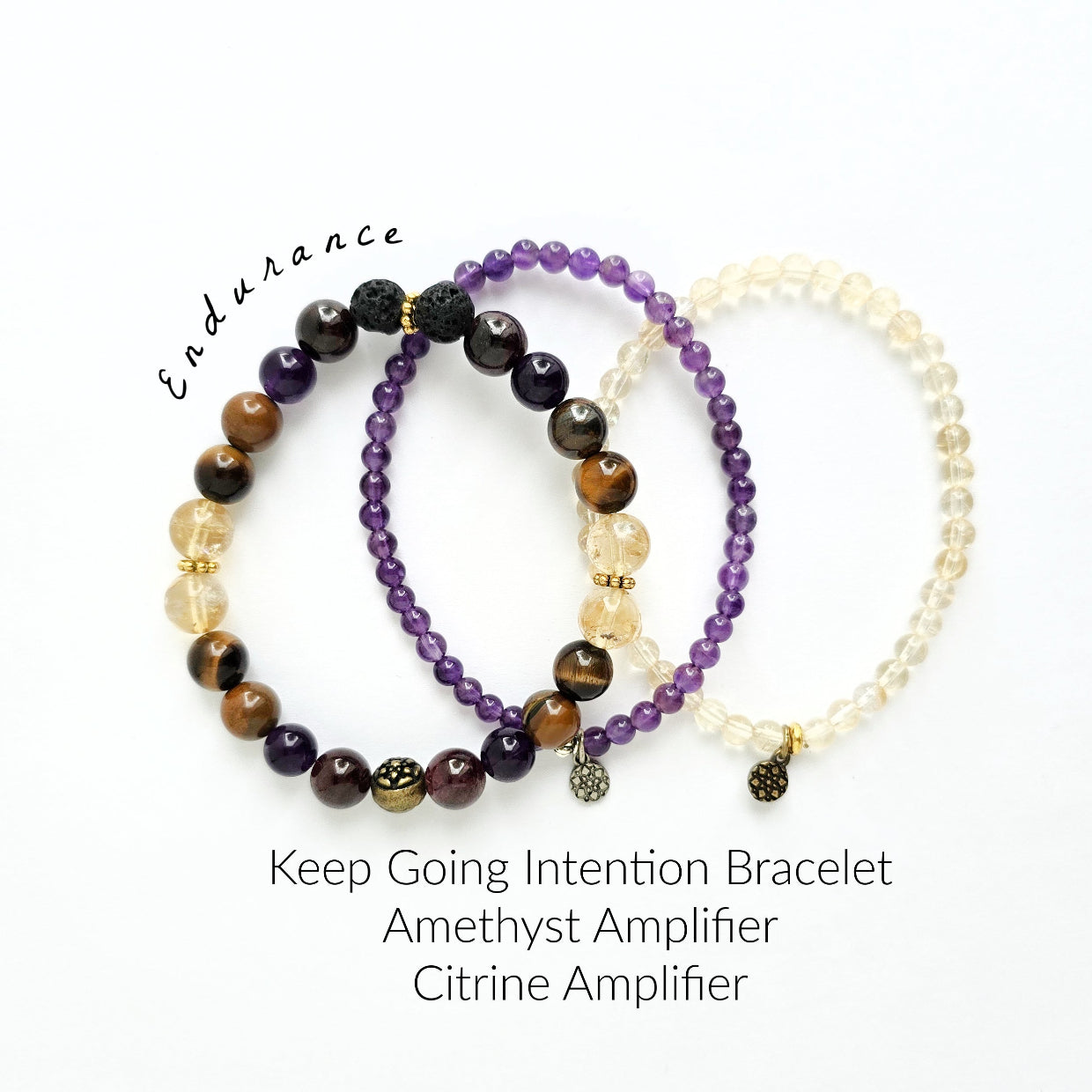 Three beaded bracelets with different color schemes on a white background