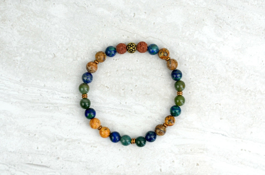 Men's Abundance Intention Stretch Elastic Bracelet Moss Agate Azurite Picture Jasper