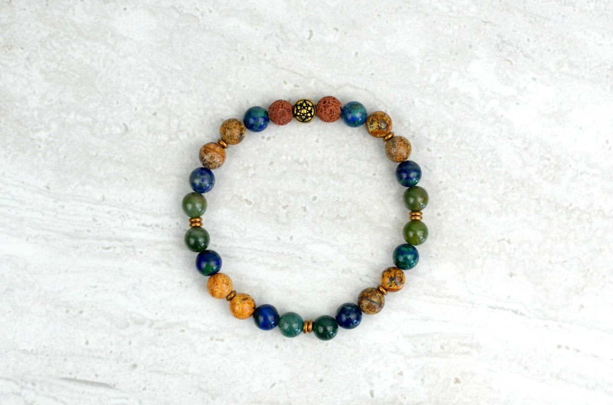Men's Abundance Intention Stretch Elastic Bracelet Moss Agate Azurite Picture Jasper