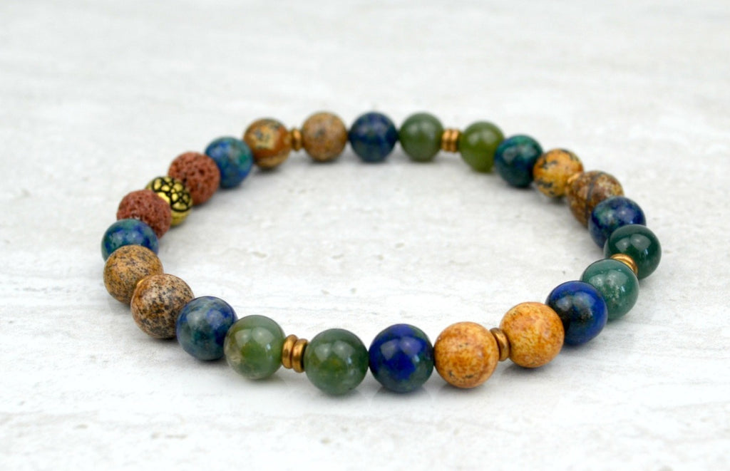 Men's Abundance Intention Stretch Elastic Bracelet Moss Agate Azurite Picture Jasper