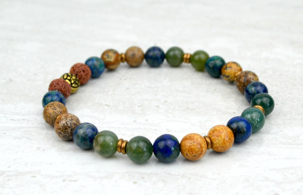 Men's Abundance Intention Stretch Elastic Bracelet Moss Agate Azurite Picture Jasper