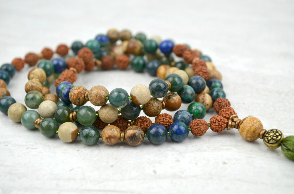 Abundance Men's Intention Mala Moss Agate Azurite Picture Japser