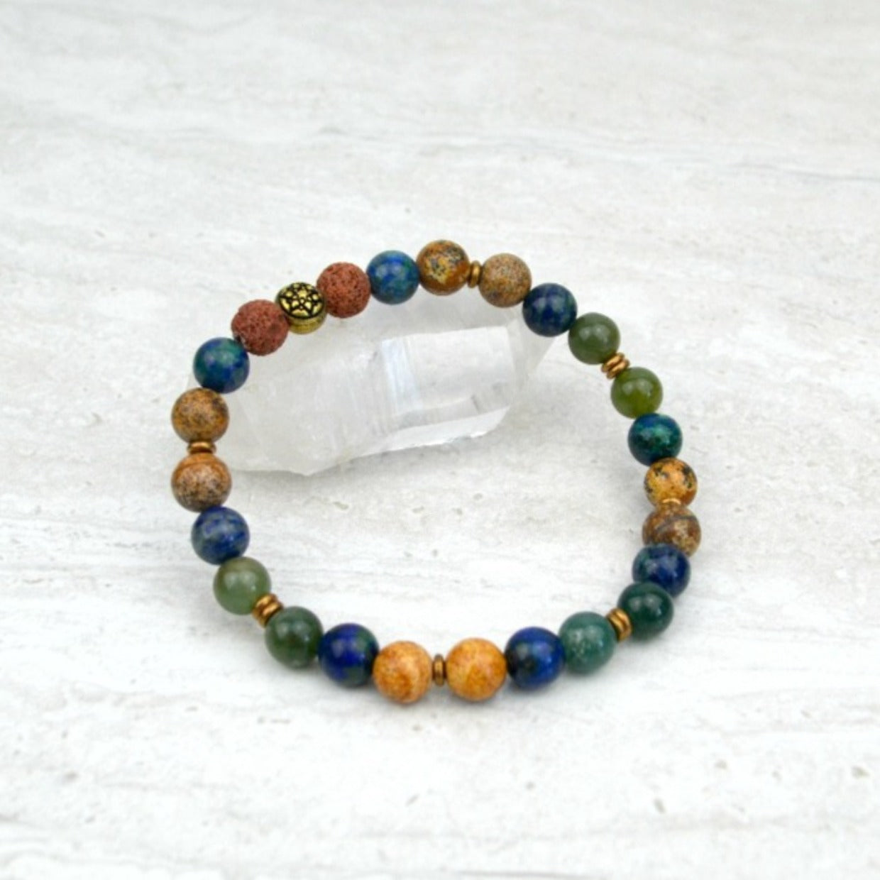 Men's Abundance Intention Stretch Elastic Bracelet Moss Agate Azurite Picture Jasper