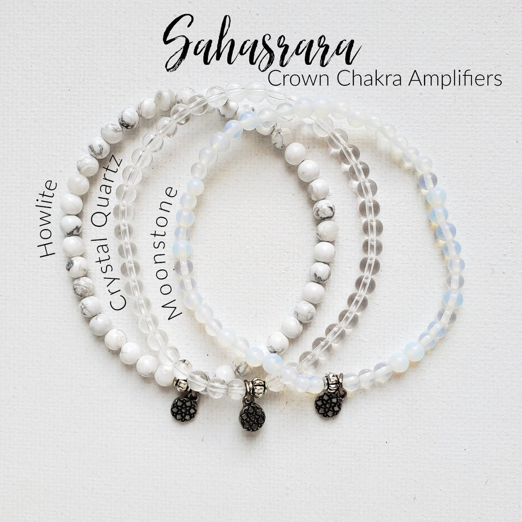 Sahasrara Crown Chakra bracelet set howlite crystal quartz moonstone 4mm stretch elastic