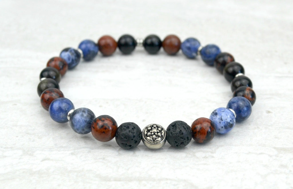 Men's Find Your Voice Intention Stretch Elastic Bracelet Sodalite Mahogany Obisidian 8mm
