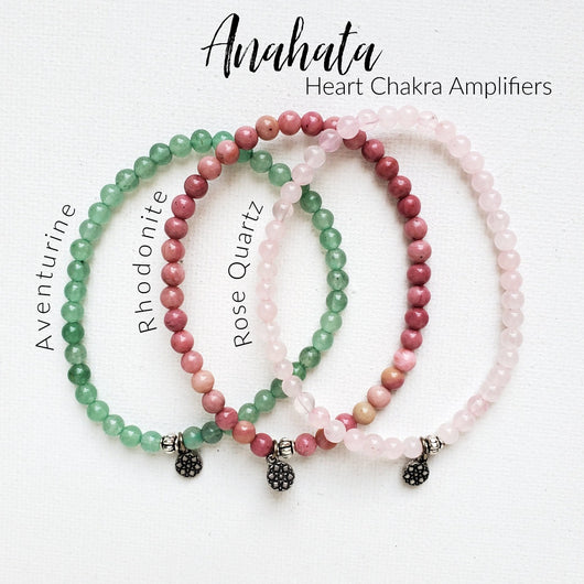 Anahata Heart Chakra Set aventurine rhodonite rose quartz 4mm stretch elastic bracelet