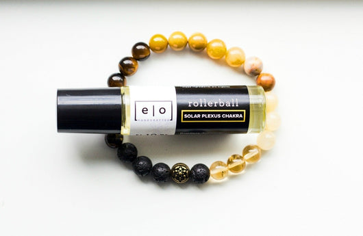 Manipura Solar Plexus chakra 8mm stretch elastic diffuser bracelet and essential oil rollerball gift set