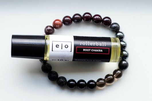 Muladhara Root chakra bracelet and essential oil rollerball gift set