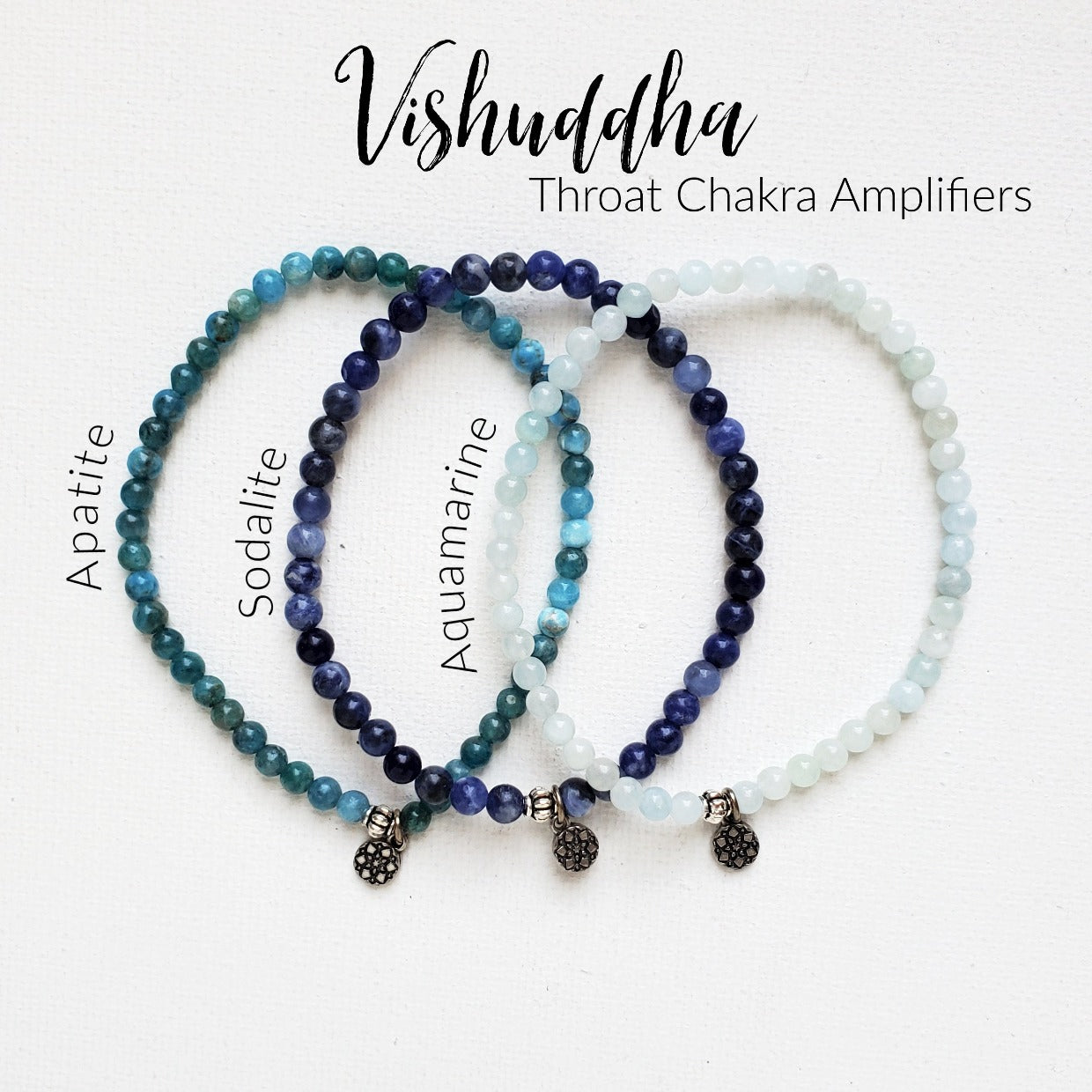 Throat Chakra amplifier bracelet set apatite sodalite aquamarine 4mm stretch elastic